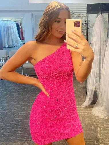 Sheath One Shoulder Velvet Sequins Short Shown Color Velvet Sequin Homecoming Dress Belfast