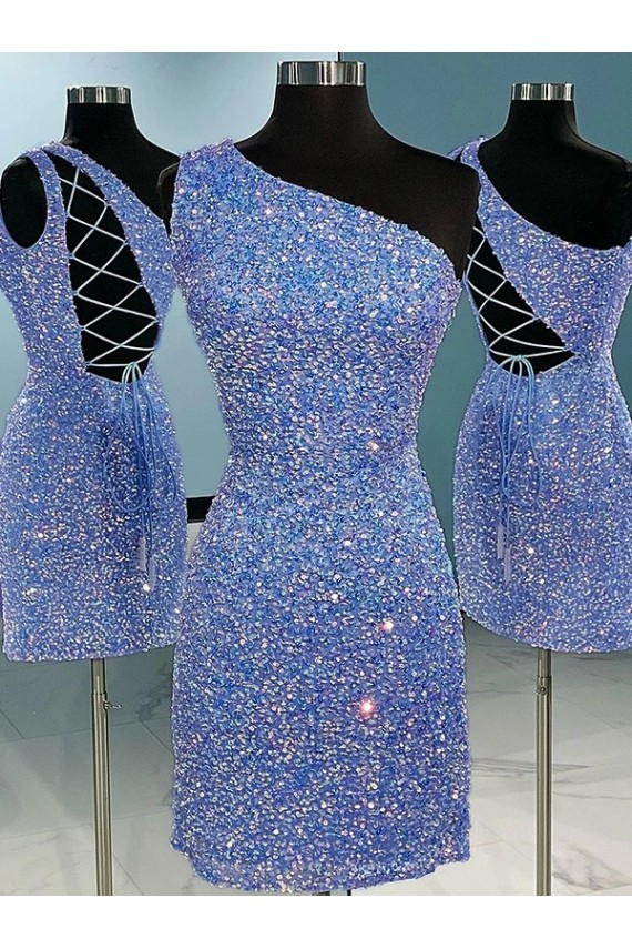 Sheath One Shoulder Velvet Sequins Short Shown Color Velvet Sequin Prom Dress Belfast