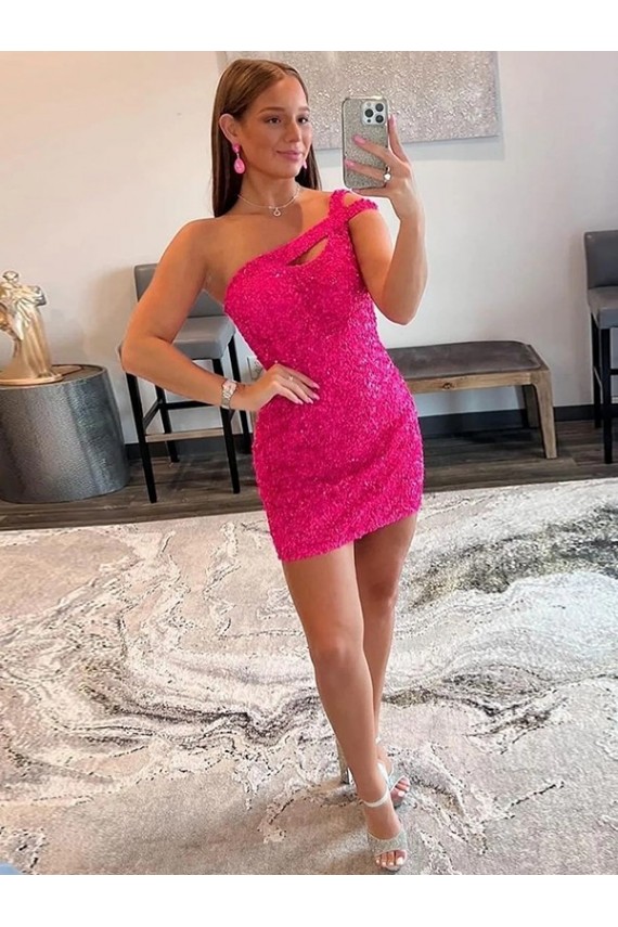 Sheath One Shoulder Velvet Sequins Short Fuchsia Velvet Sequin Prom Dress / Evening Dress Belfast