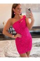 Sheath One Shoulder Velvet Sequins Short Fuchsia Velvet Sequin Prom Dress / Evening Dress Belfast
