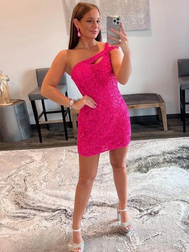 Sheath One Shoulder Velvet Sequins Short Fuchsia Velvet Sequin Prom Dress / Evening Dress Belfast