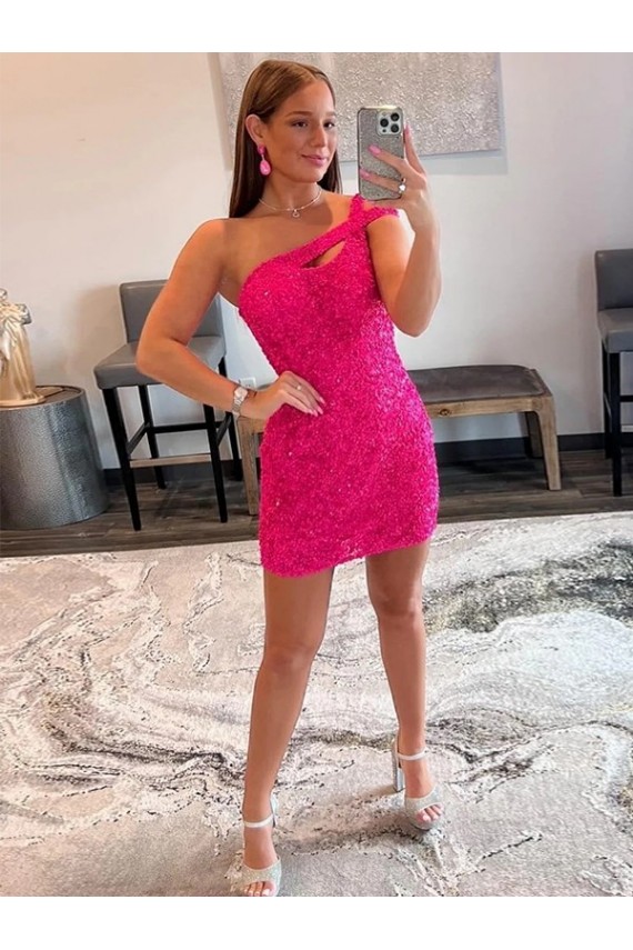 Sheath One Shoulder Velvet Sequins Short Fuchsia Velvet Sequin Prom Dress / Evening Dress Belfast