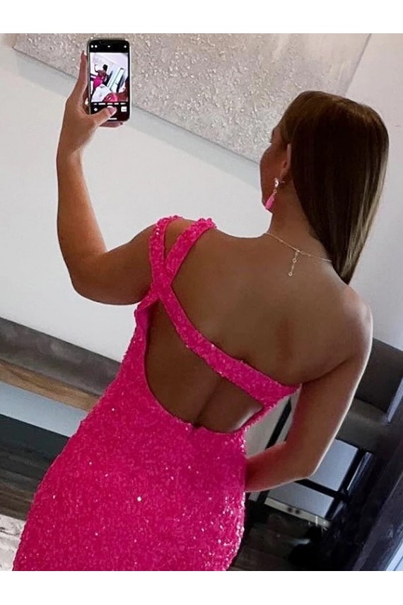 Sheath One Shoulder Velvet Sequins Short Fuchsia Velvet Sequin Prom Dress / Evening Dress Belfast