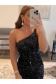 Sheath One Shoulder Velvet Sequins Short Black Velvet Sequin Prom Dress / Evening Dress Belfast