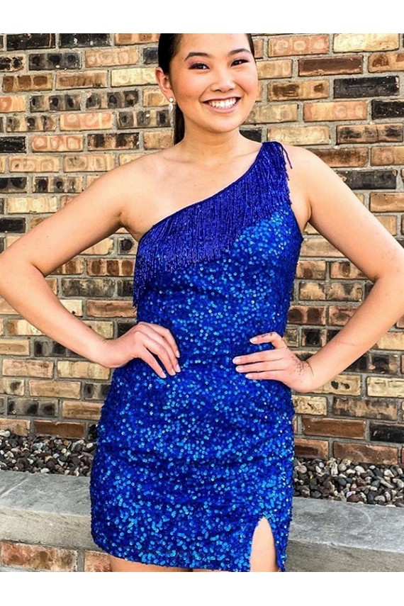 Sheath One Shoulder Velvet Sequins Short Royal Blue Velvet Sequin Prom Dress / Evening Dress Belfast