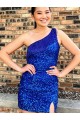 Sheath One Shoulder Velvet Sequins Short Royal Blue Velvet Sequin Prom Dress / Evening Dress Belfast