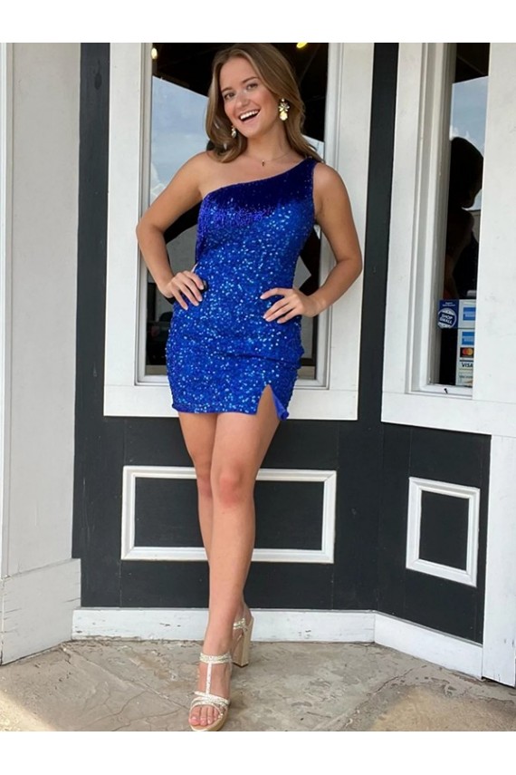 Sheath One Shoulder Velvet Sequins Short Royal Blue Velvet Sequin Prom Dress / Evening Dress Belfast
