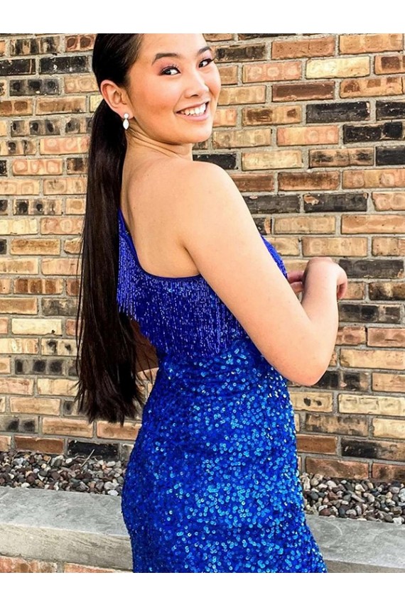 Sheath One Shoulder Velvet Sequins Short Royal Blue Velvet Sequin Prom Dress / Evening Dress Belfast