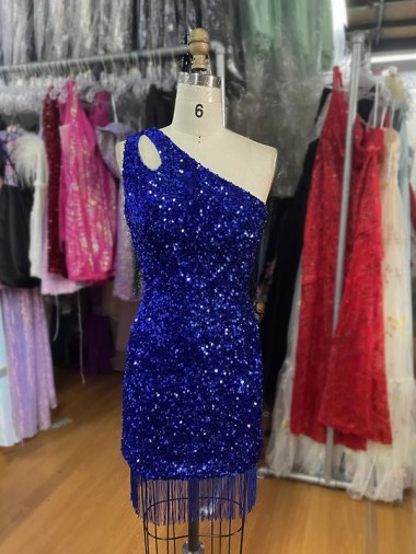Sheath One Shoulder Velvet Sequins Short Royal Blue Velvet Sequin Prom Dress Belfast
