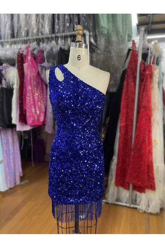 Sheath One Shoulder Velvet Sequins Short Royal Blue Velvet Sequin Prom Dress Belfast