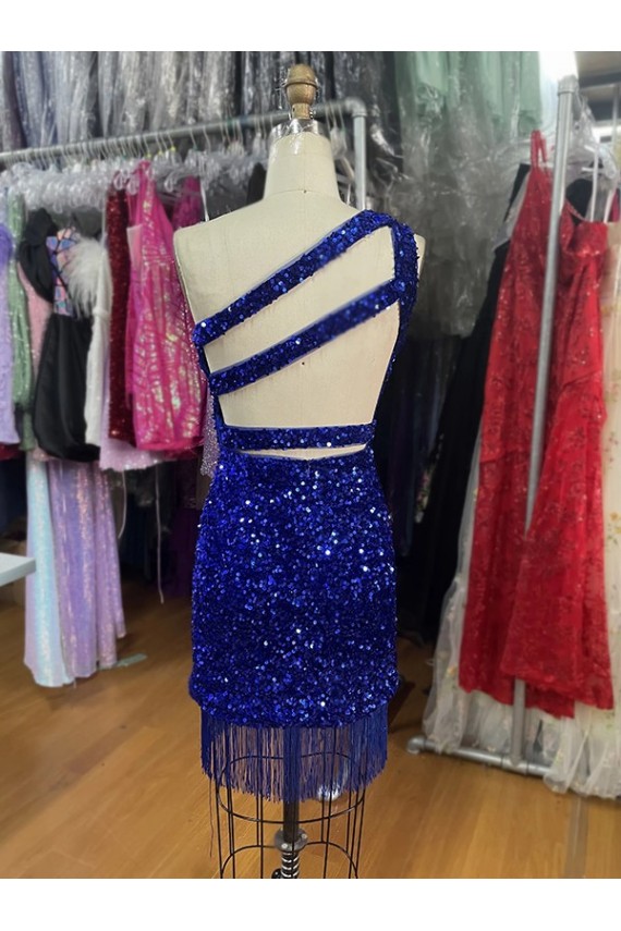 Sheath One Shoulder Velvet Sequins Short Royal Blue Velvet Sequin Prom Dress Belfast