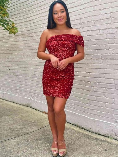 Sheath One Shoulder Velvet Sequins Short Burgundy Velvet Sequin Prom Dress / Evening Dress Belfast