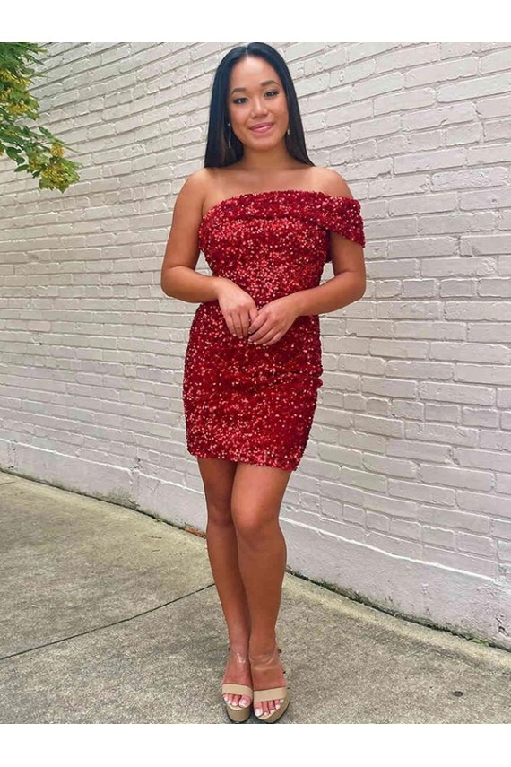 Sheath One Shoulder Velvet Sequins Short Burgundy Velvet Sequin Prom Dress / Evening Dress Belfast