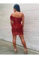 Sheath One Shoulder Velvet Sequins Short Burgundy Velvet Sequin Prom Dress / Evening Dress Belfast