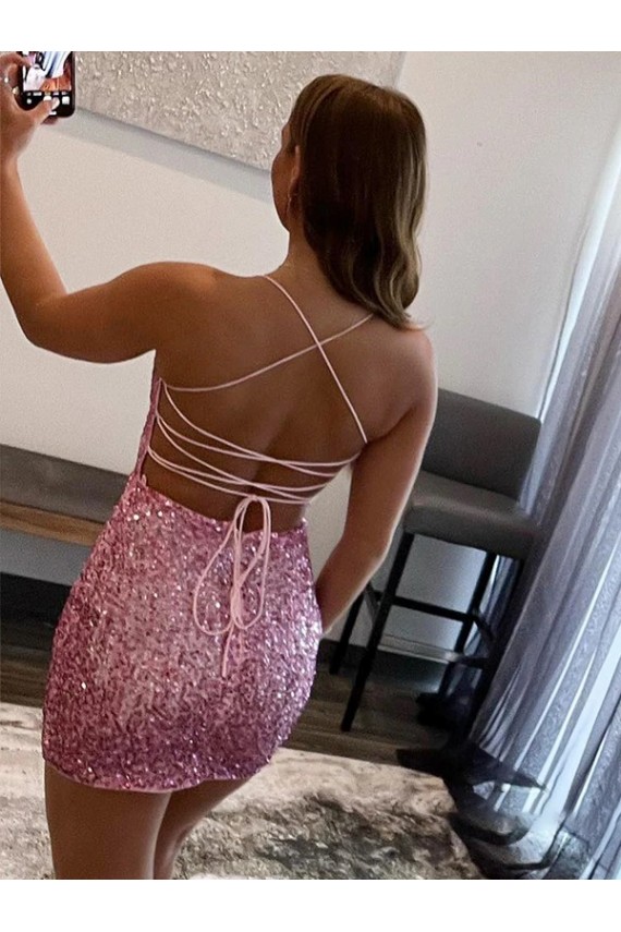 Sheath Spaghetti Straps Velvet Sequins Short Hot Pink Velvet Sequin Prom Dress / Evening Dress Belfast
