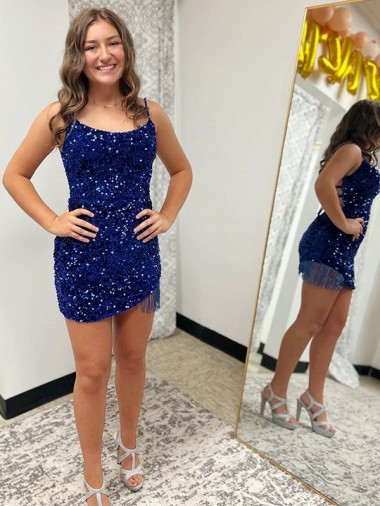 Sheath Spaghetti Straps Velvet Sequins Short Royal Blue Velvet Sequin Prom Dress Belfast
