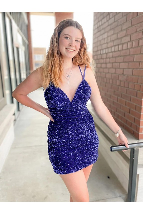 Sheath V-Neck Velvet Sequins Short Shown Color Velvet Sequin Cocktail Dress / Prom Dress Belfast