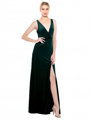 A-Line V-Neck Stretch Velvet Long Dark Green Black Tie Evening Gown / Prom Dress / Bridesmaid Dress Belfast