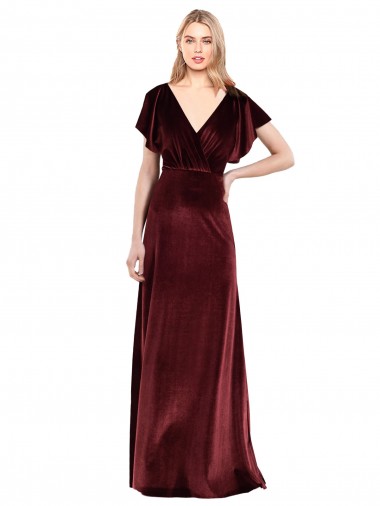 A-Line V-Neck Stretch Velvet Long Burgundy Prom Dress / Bridesmaid Dress Belfast