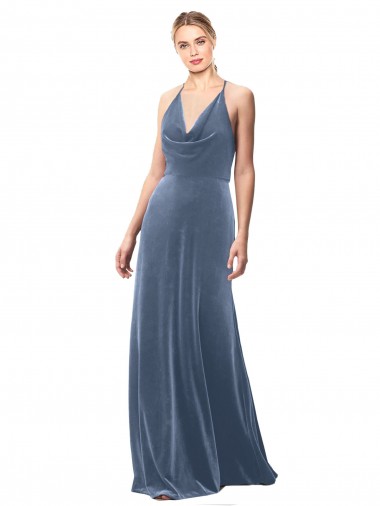 A-Line Cowl Neck Stretch Velvet Long Dusty Blue Prom Dress / Bridesmaid Dress Belfast