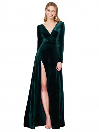 A-Line V-Neck Stretch Velvet Sweep Train Dark Green Black Tie Evening Gown / Prom Dress / Bridesmaid Dress Belfast