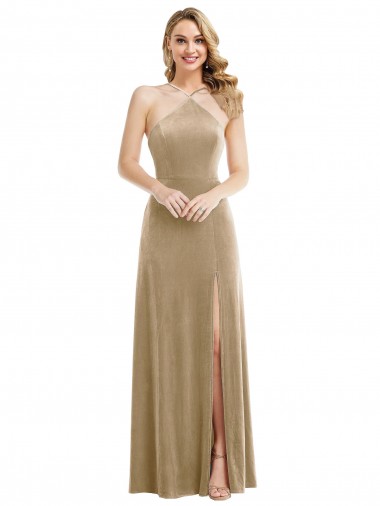 A-Line High Neck Stretch Velvet Long Champagne Semi Formal Evening Dress / Prom Dress / Bridesmaid Dress Belfast