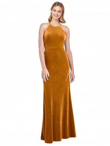 A-Line High Neck Stretch Velvet Long Gold Formal Evening Gown / Prom Dress / Bridesmaid Dress Belfast
