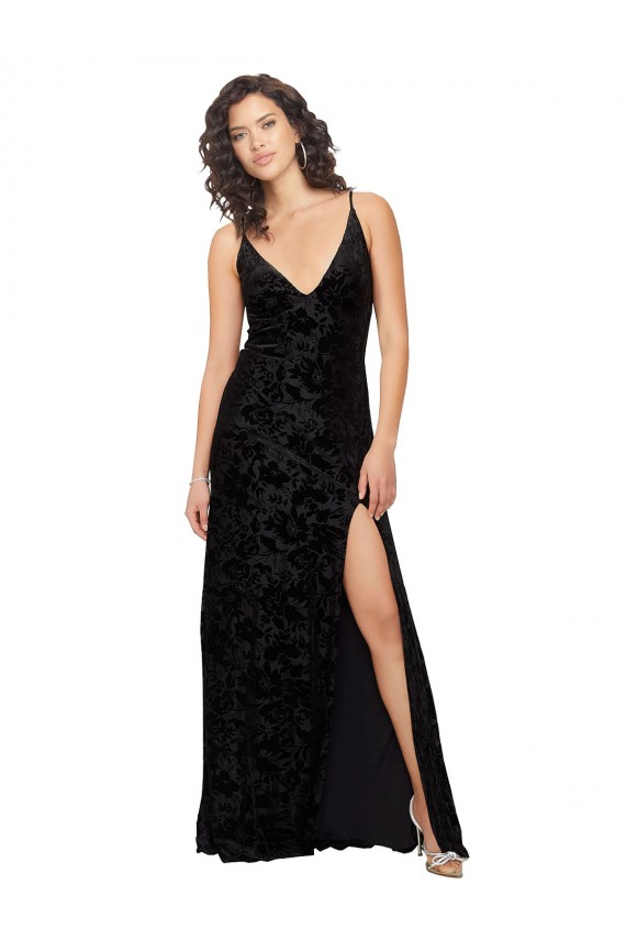 Sheath V-Neck Floral Velvet & Stretch Velvet Long Black Bridesmaid Dress Belfast