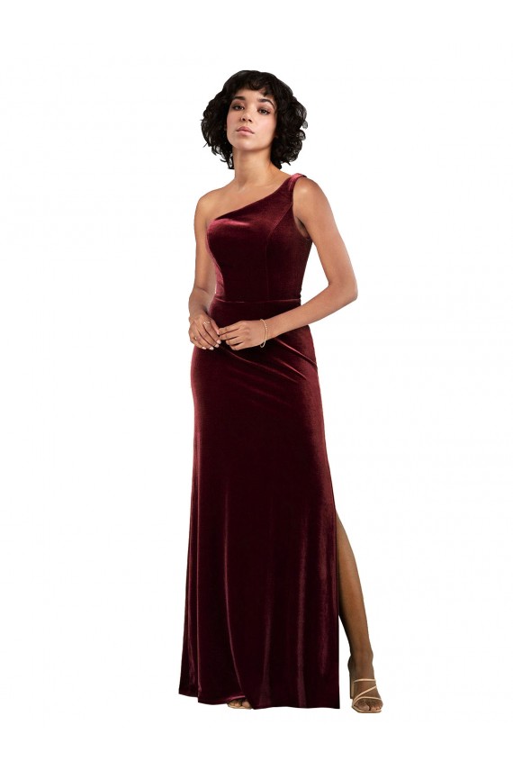 Column One Shoulder Stretch Velvet Long Burgundy Formal Evening Gown / Prom Dress / Bridesmaid Dress Belfast