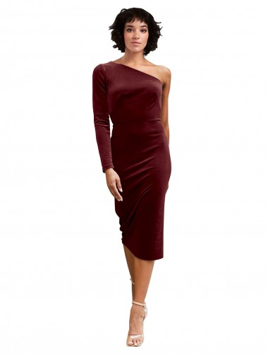 A-Line One Shoulder Stretch Velvet Midi Length Burgundy Black Tie Prom Dress / Bridesmaid Dress Belfast
